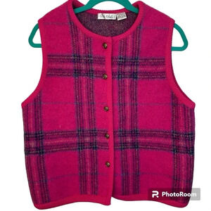Robin Sinkler Vintage Pink Plaid Wool Button Vest Size Medium